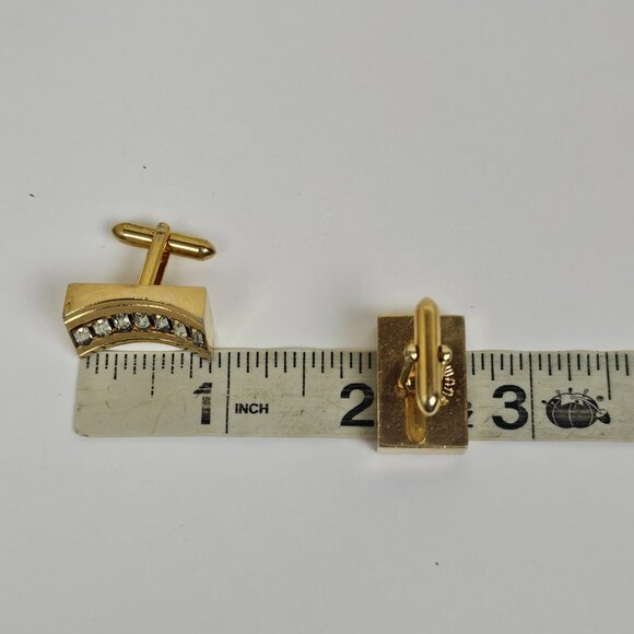 Vintage Swank Cufflinks Baguette Clear Rhinestone Gold Tone Rectangle Curved MCM - Picture 8 of 11